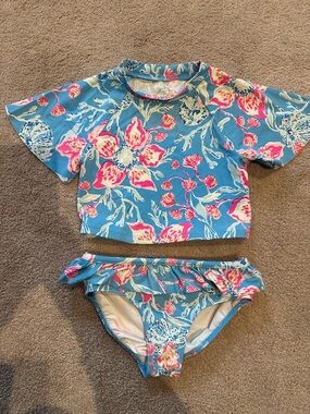 Lilly Pulitzer Girls Blue Floral Short-Sleeve Rash Guard Set